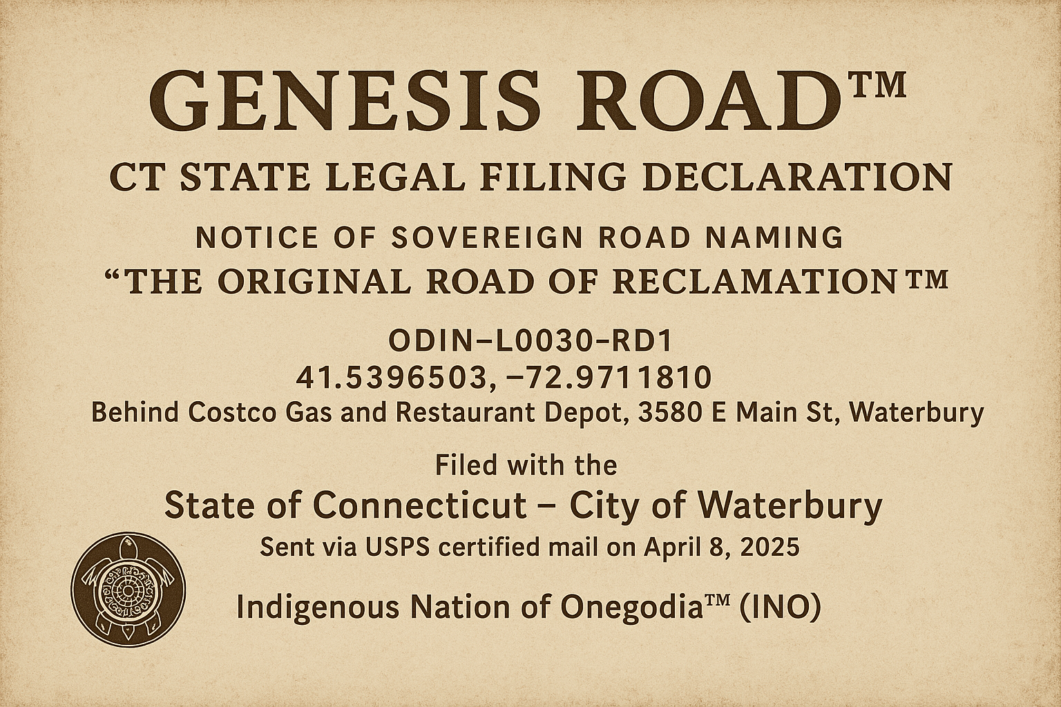 Genesis Road™ – CT State Legal Filing Declaration